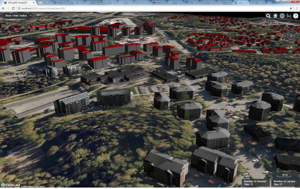 29 Kuva 15. Kuvakaappaus testivaiheessa olevasta selainpohjaisesta Cesium-esityksestä osasta Vantaan kaupunkimallia.