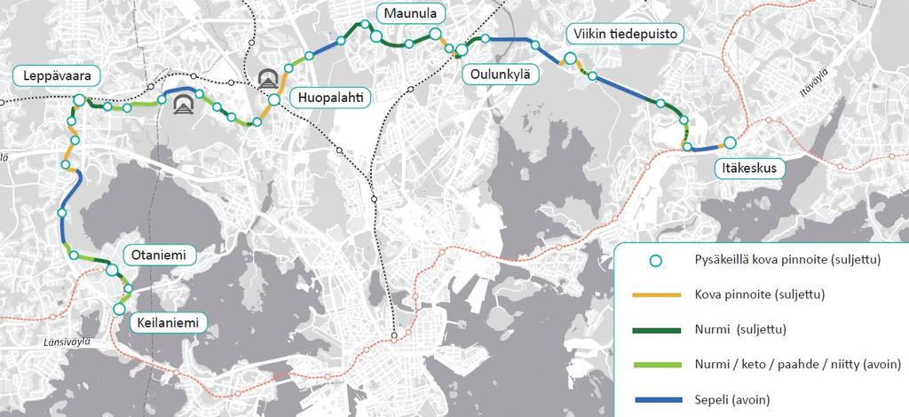 Raitiotien päällystejaksot kartalla Hanke esittää, että Raide-Jokerin päällysteiden tavoitekustannus kartan Raide-Jokerin päällysrakennejaksot mukaisesti 22.11.