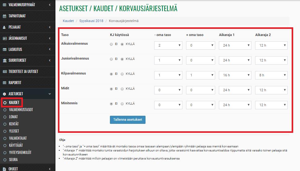 5. Korvausjärjestelmä 5.1 KORVAUSJÄRJESTELMÄN ASETUKSET Korvausjärjestelmän asetuksiin pääset kohdasta ASETUKSET KAUDET.