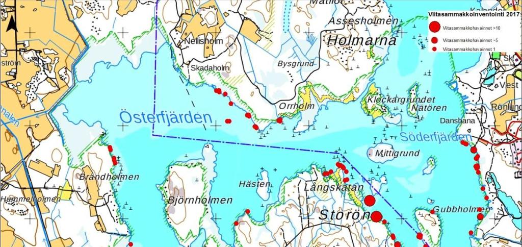 Tulvasuojelun toimenpidevaihtoehdot 12 / 41 Kuva 2-4. Viitasammakkoesiintymät Natura-alueella (Backman ja Takala 2017) 2.6.
