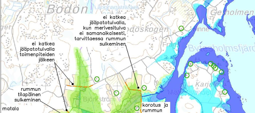 Tulvasuojelun toimenpidevaihtoehdot 23 / 41 Karjalotintielle ei ole teknisesti tai taloudellisesti järkevää asentaa riittävän suuria tulvasiltoja, joiden juoksutuskapasiteetti alentaisi
