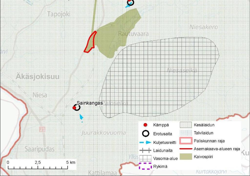 Sainkankaan erotusaidat noin 3,5 km ja 4,5 km etäisyydellä asemakaavoitettavasta alueesta. Kuva 11.