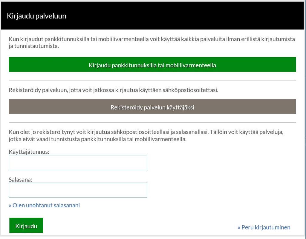 Sinut ohjataan palvelun sisäänkirjautumissivulle. Mikäli sinulla on jo tunnukset varauspalveluun, kirjaudu sisään. Huom!