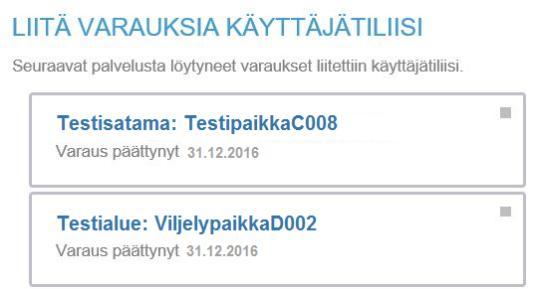 Kun tunnistus on valmis, ohjelma kertoo mikäli palvelusta löytyi vanhoja varauksia jotka liitettiin käyttäjätunnukseesi: Mikäli paikkoja liitettiin käyttäjätiliisi onnistuneesti ja kyseessä on viime