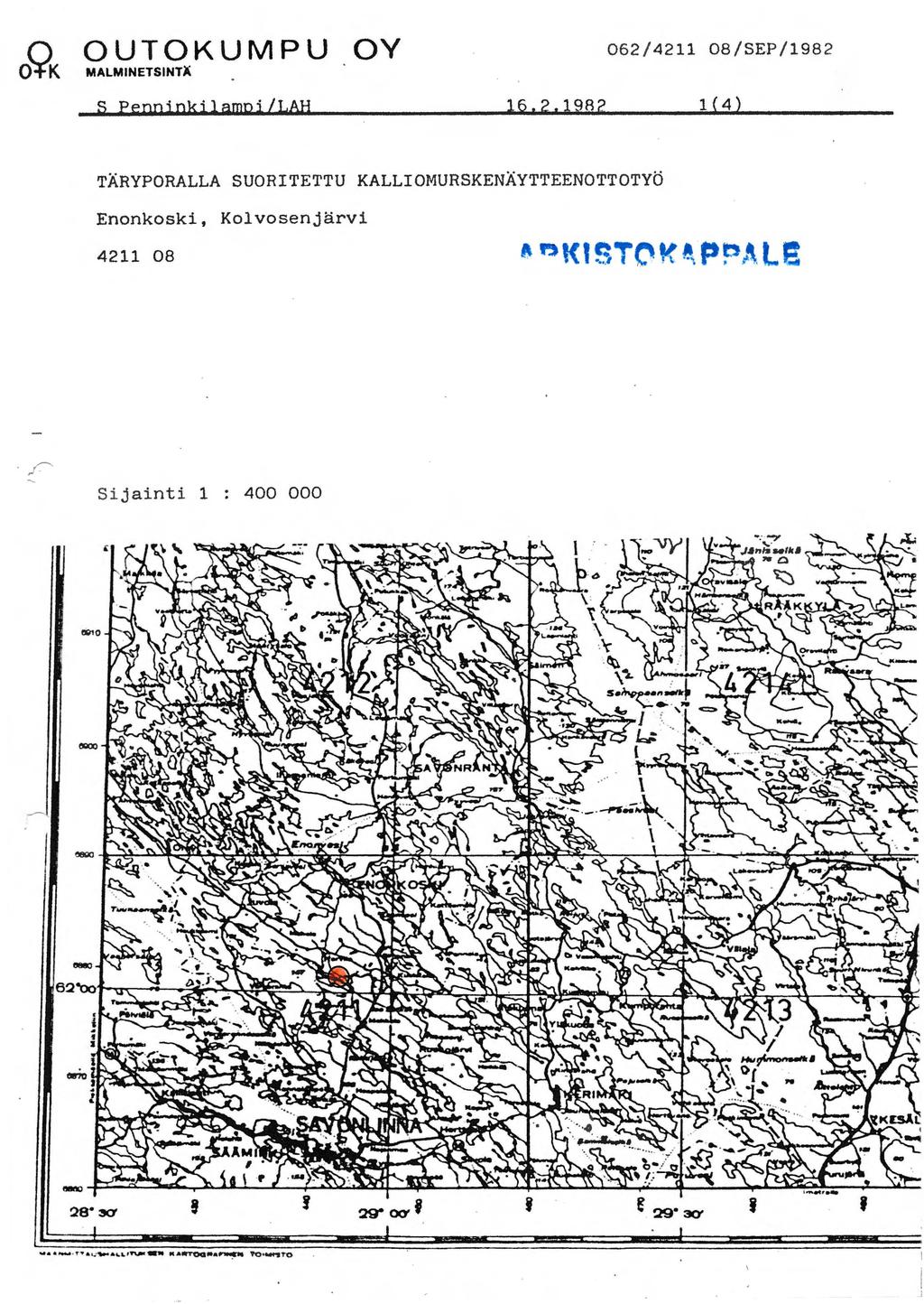 OUTOKUMPU OY MALMINETSINTX 62 / 4211 8/SEP/1982 S Pennjpkilampi/LAH 16.?.19A?
