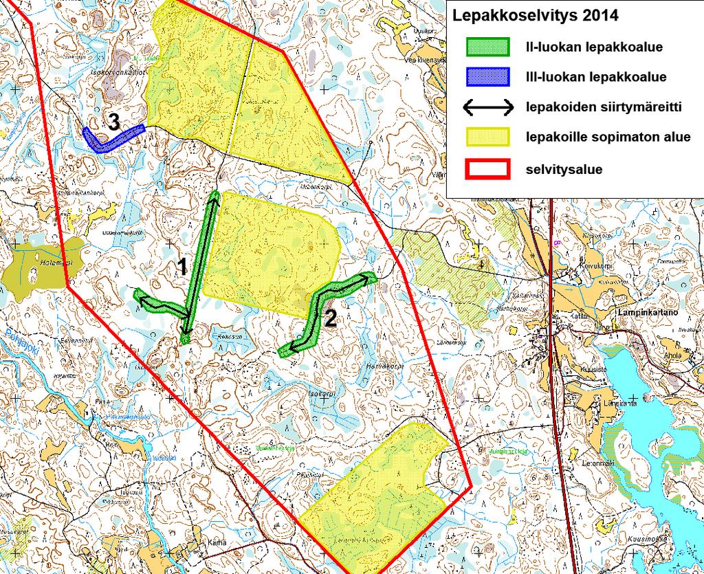 Kartta 4. Lepakkoalueet ja lepakoiden siirtymäreitit selvitysalueen pohjoisosassa. Alue 2 Alue muodostuu metsätiestä, jonka varrella saalisti useita viiksisiippoja ja pohjanlepakoita.