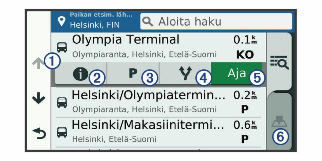 Hae jonkin toisen kaupungin tai alueen läheltä (Hakualueen muuttaminen, sivu 8). Tallenna suosikkisijaintejasi, jotta löydät ne myöhemmin nopeasti (Sijaintien tallentaminen, sivu 9).