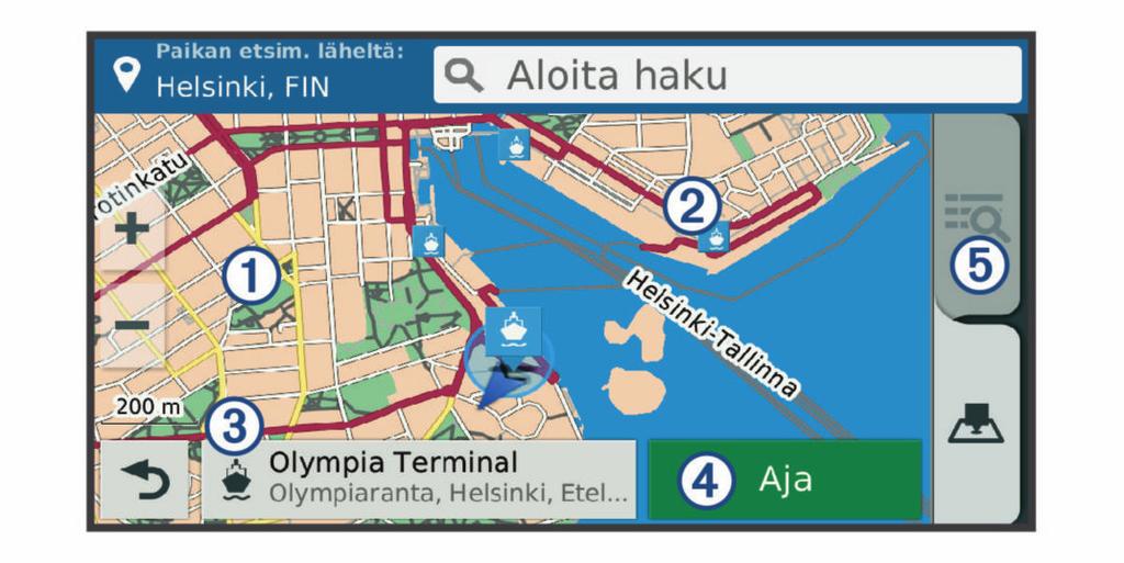 Sijaintihaun tulokset kartassa Voit näyttää sijaintihaun tulokset kartassa luettelon sijasta. Valitse sijaintihaun tuloksista.