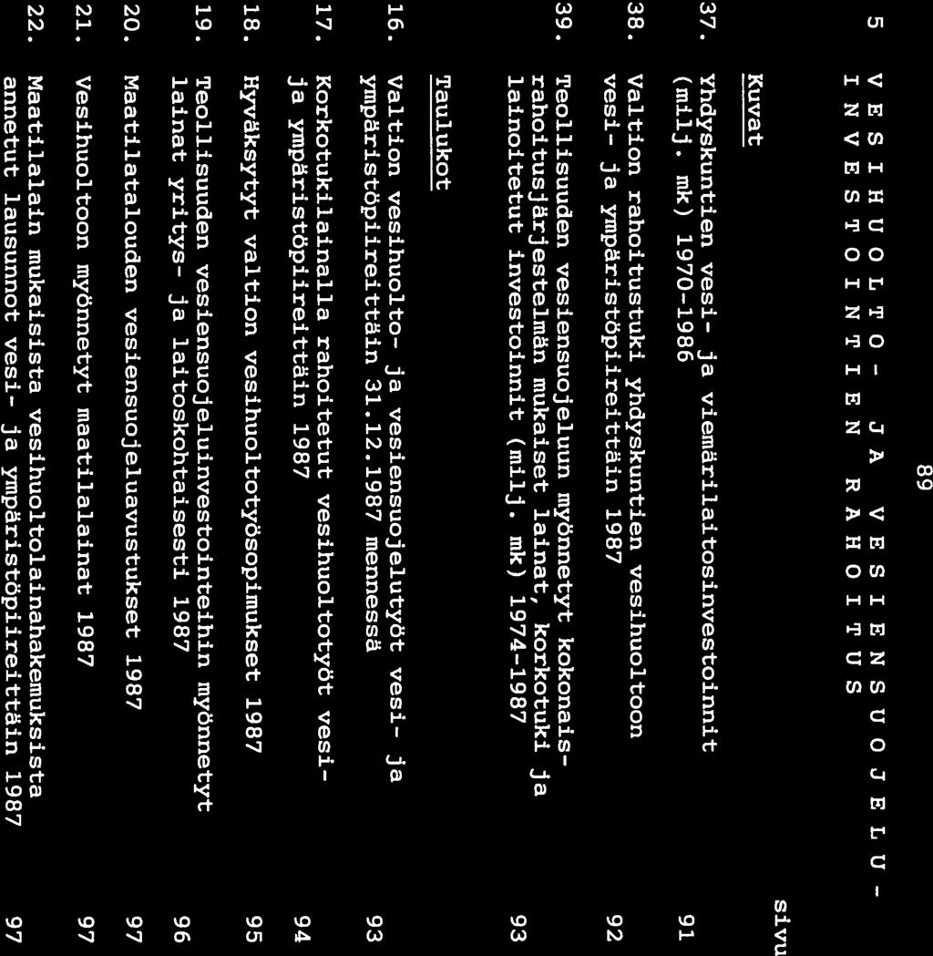 5 VESIHUOLTO- JA VESIENSUOJELU INVESTOINTIEN RAHOITUS 89 Kuvat sivu 37. Yhdyskuntien vesi- ja viemärilaitosinvestoinnit (milj, mk) 1970-1986 91 38.