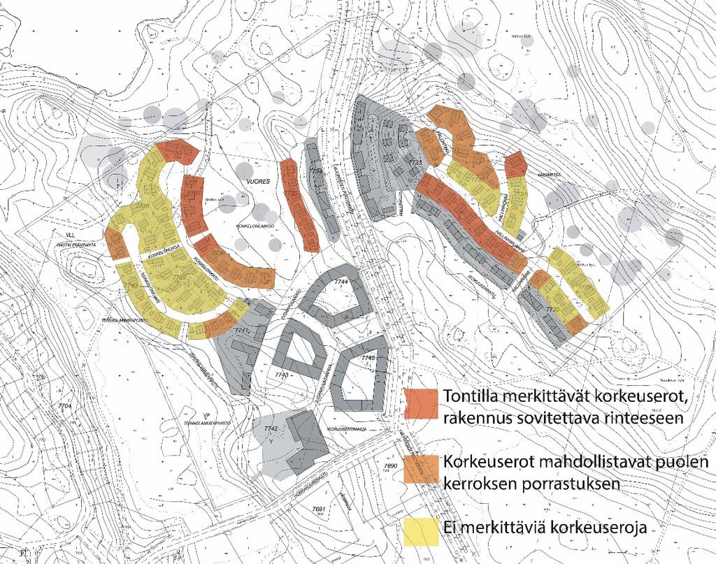 julkisivumateriaalina on käytettävä puuta kortteleissa nro 7739, 7741 ja 7740 on rakennusten oltava myös pääosin puurakenteisia Sovittaminen maastoon, sokkelit Rakennus on porrastettava luonnollisen