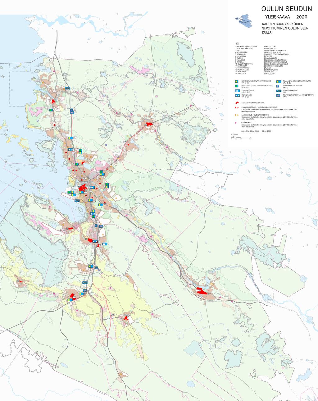 17 Kuva 3. Ote Oulun seudun yleiskaavasta. Kaupan suuryksiköiden sijoittuminen. Oulun seudulla on noussut esiin yleiskaavan tarkistamistarve kaupan osalta.