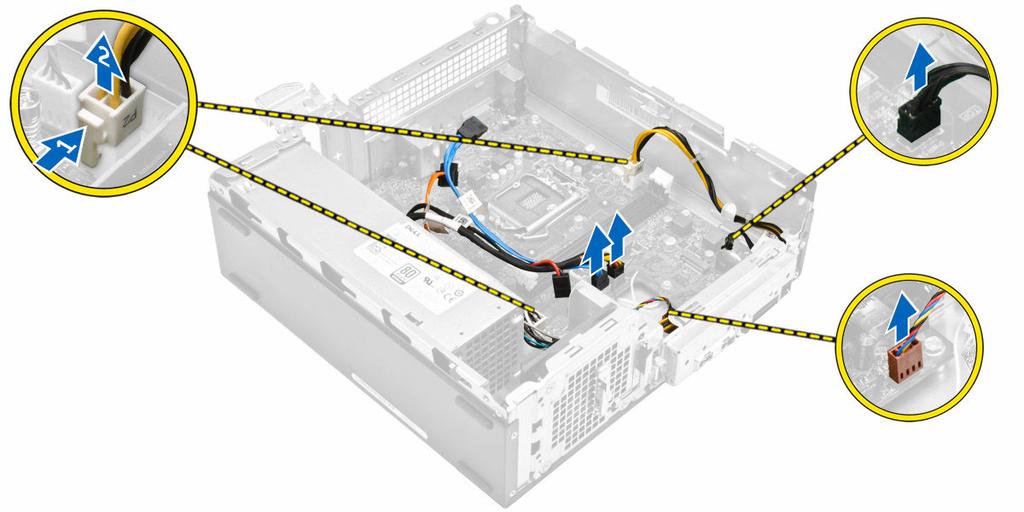 i. WLAN-kortti j. laajennuskortit 3. Irrota kaapelit emolevystä: 4.