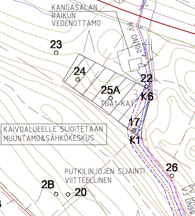 Samaan kaivantoon on mahdollista sijoittaa haja-asutusta varten vesijohto- ja viemäriputkia. Kuva 19.