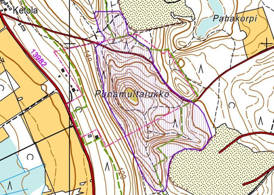 FCG Suunnittelu ja tekniikka Oy Natura-arvioinnin täydennys 52 (132) 6.5.2 Kasvillisuus Kuva 31. Punamultalukon supan valuma-alue (violetti viivarasteri).