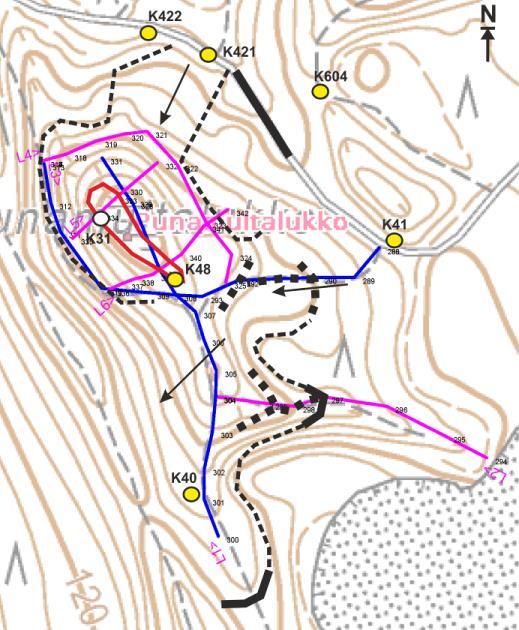 Pohjaveden päävirtaus supan kautta harjua kohden tulee idästä pisteeltä K41 ja osin kairauspisteen K421 suunnalta (kuva 34).