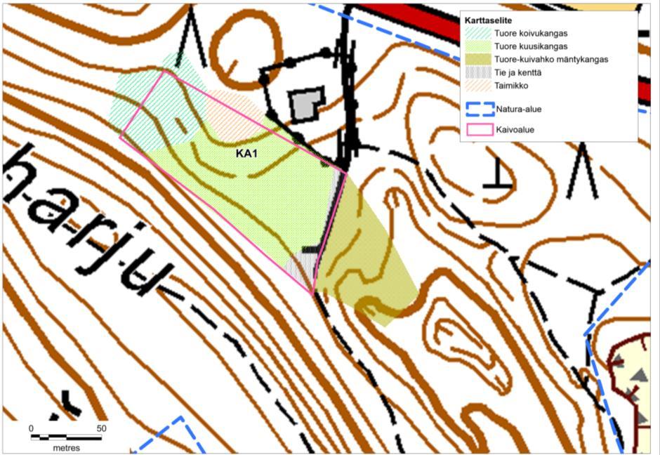 FCG Suunnittelu ja tekniikka Oy Natura-arvioinnin täydennys 67 (132) Kaivoalueet KA 1 ja KA 2 Natura-alueelle sijoittuu kaivoalue KA 1 (kuva 52) kokonaisuudessaan ja kaivoalue 2 osittain (kuva 53 ja