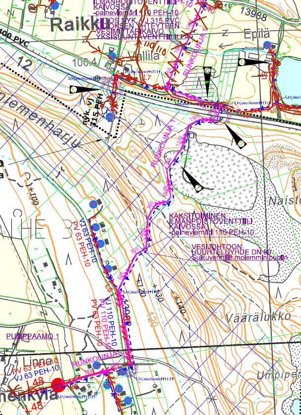 FCG Suunnittelu ja tekniikka Oy Natura-arvioinnin täydennys 81 (132) Kuva 61. Ote Raikunseudun vesiosuuskunnan vesihuoltosuunnitelmakartasta.