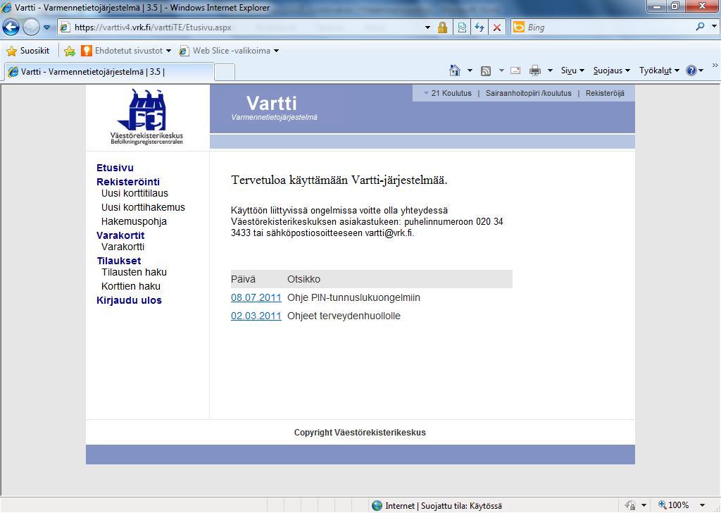 PALVELUKUVAUS 8 (13) 3 Yleiskuvaus Vartti-palvelusta Vartti-järjestelmällä tuotetaan palvelua organisaatiokorttien ja -varmenteiden sekä varakorttien rekisteröintiä, tilausta, tuottamista ja