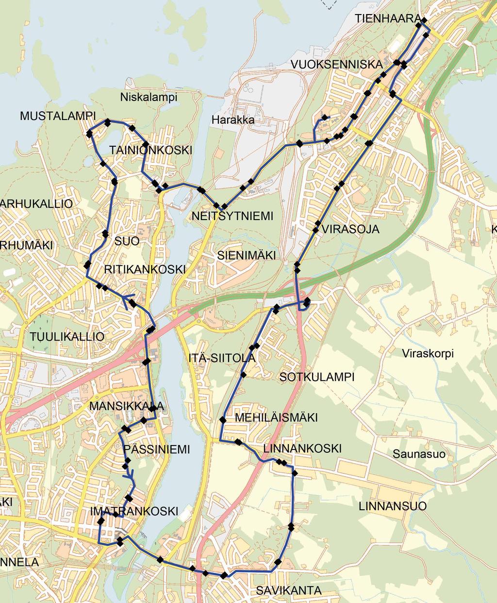 1 2 1 2 Reitti: Vuoksenniskantie - Rönkätie - Ratamokatu - Torikatu - Karjalantie - Kartanonkatu - Sotkulammentie - Linnansuontie - Savikannantie - Imatrankoskentie - Helsingintie - Esterinkatu -