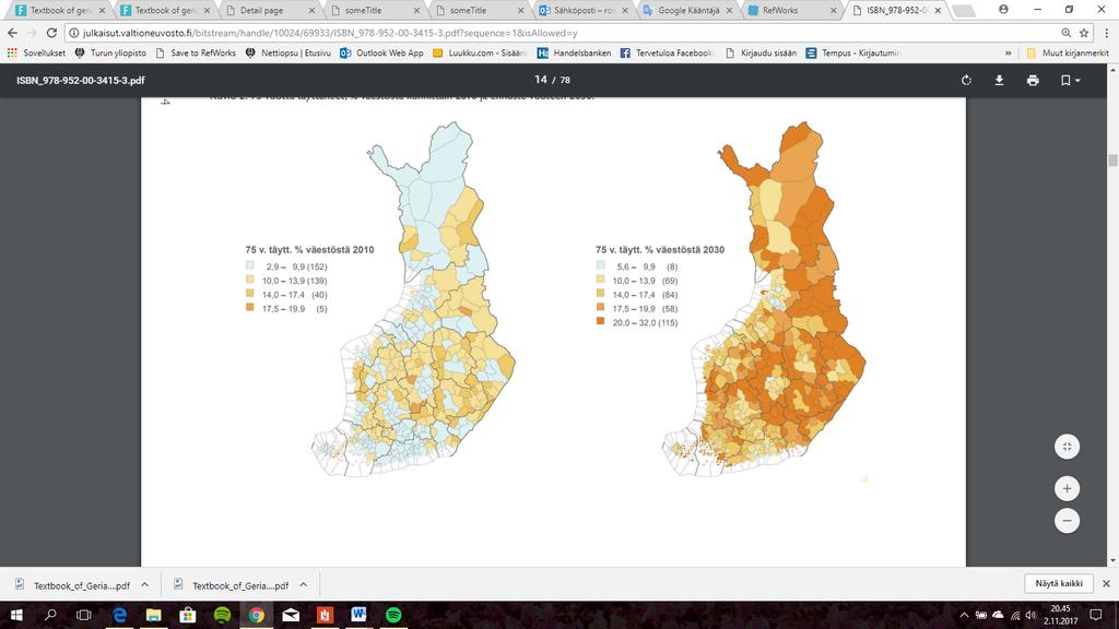 9 Kuvio 1. Yli 75-vuotiaiden osuus kunnittain vuonna 2015 ja ennuste vuodelle 2030 (Sosiaali- ja terveysministeriö 2017).