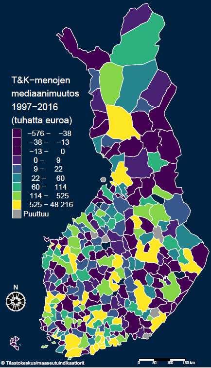 Tutkimus-ja kehittämismenot ovat Suomessa keskittyneet kaupunkeihin Muuttuja Kuntaryhmitys Kaupunki-maiset kunnat Taajaan asutut kunnat Maaseutumaiset kunnat Koko maa Milj. % Milj.