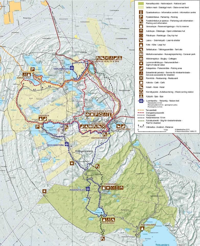Kuva 2. Rokuan kansallispuisto ja luonnonsuojelualueet sekä koko alueen reitit ja palvelurakenteet.