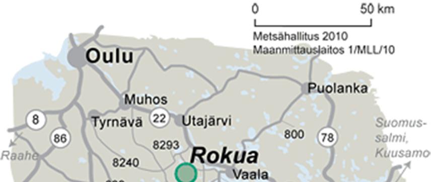Kuva 1. Rokuan kansallispuiston ja suojelualueiden sijainti. Metsähallitus 2017, Karttakeskus Lupa L 5293. Taulukko 1.