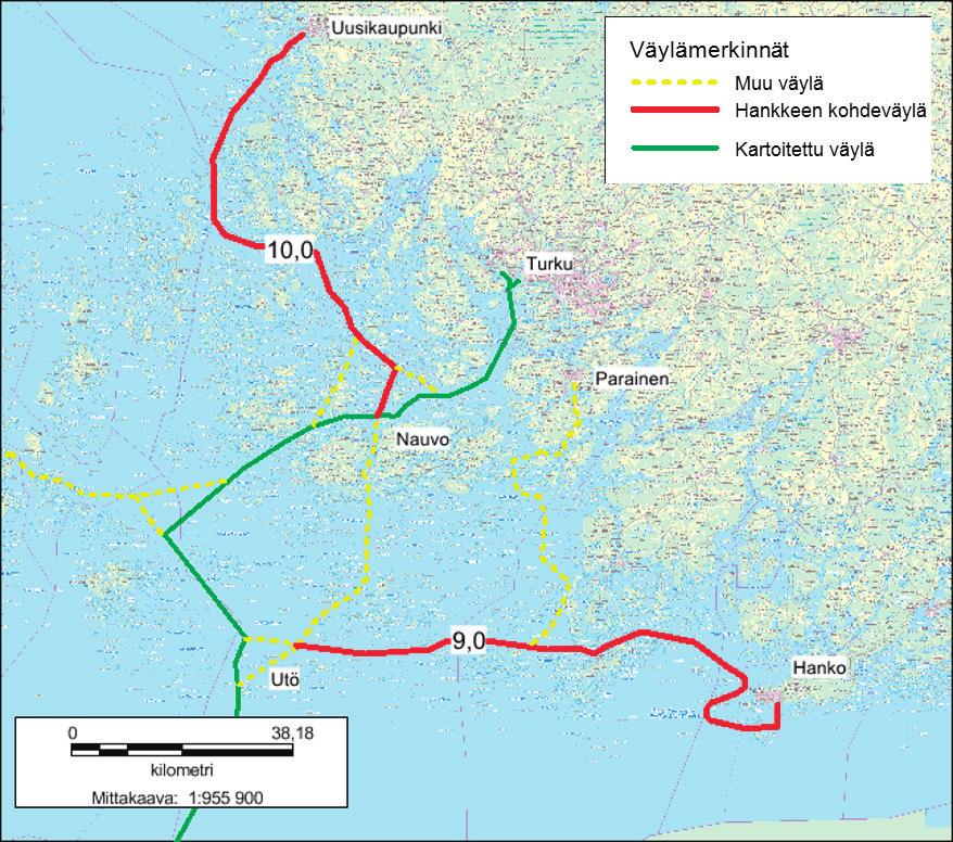 Kuva 2. OIL-hankkeen kohdeväylät punaisella ja aikaisemmin ARCHOIL-hankkeessa kartoitettu Naantalin laivaväylä vihreällä. Karttapohja MML 2015. 2.3 Hankkeen rahoitus ja hankekumppanit OIL-hanke käynnistyi vuoden 2015 alussa ja päättyi lokakuussa 2017.