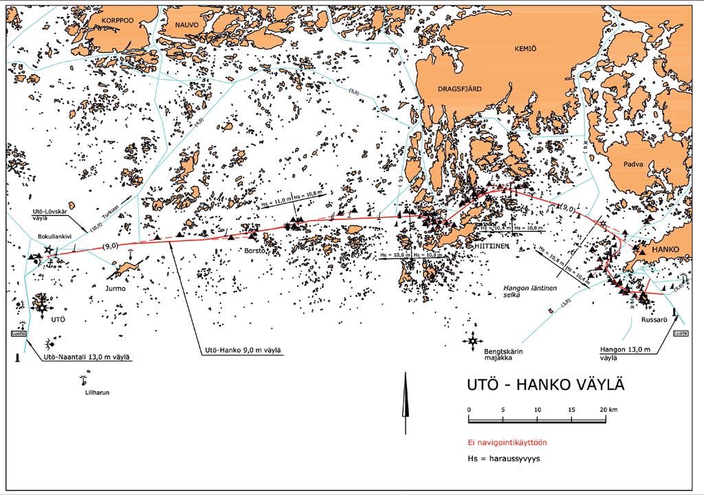 Kuva 5. Lövskärin Isokarin 10 m väylän kartta (Liikennevirasto 2017b). 3.1.2 Utö Hanko Toinen hankkeessa tarkasteltava väylä on Utö Hanko syvyydeltään 9 m:n väylä (pituus n.