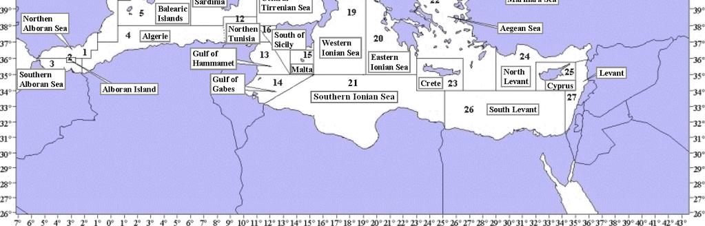 Malta 21. Eteläinen Joonianmeri 27. Levantinmeri 4. Algeria 10. Eteläinen ja keskinen Tyrrhenanmeri 16. Etelä-Sisilia 22. Egeanmeri 28. Marmarameri 5. Baleaarit 11. Sardinia 17.