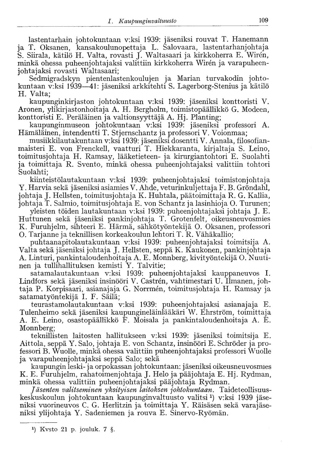 58 /., Kaupunginvaltuusto 109 lastentarhain johtokuntaan v:ksi 1939: jäseniksi rouvat T. Hanemann ja T. Oksanen, kansakoulunopettaja L. Salovaara, lastentarhanjohtaja S. Siirala, kätilö H.