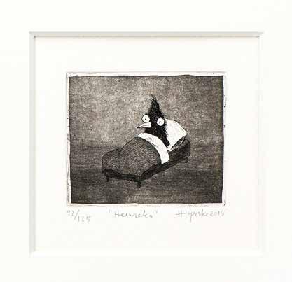 Hyrske on myös arvostettu kuvittaja. HEUREKA (kehystetty) Hannu Hyrske Kuivaneula, viivasyövytys, 2015. Vedosmäärä 125 kpl. Kuva-ala 7 x 6 cm. Koko kehystettynä 27 x 27 cm.