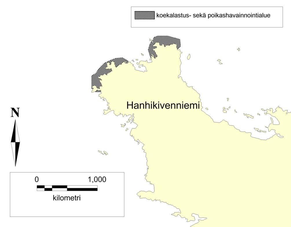 Kuva 1. Koekalastus ja poikashavainnointialueet. Verkot sijoitetaan matalaan (< 3 m) veteen ja osittain myös rantamatalaan kahluusyvyydelle (< 1 m). Pyynnissä käytetään 35 50 mm verkkoja.