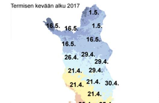 Savo-Karjalan Ympäristötutkimus Oy Kuva 3. Termisen kevään alkaminen vuonna 2017. Touko- ja kesäkuu olivat normaalia selvästi viileämpiä ja silloin satoi Pohjois-Karjalassa hieman normaalia vähemmän.