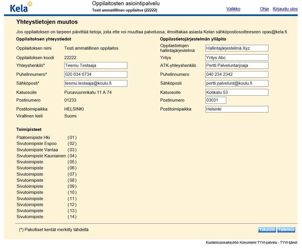 1.4 Oppilaitoksen yhteystietojen muuttaminen Oppilaitoksen yhteystietojen muuttaminen koskee toisen asteen oppilaitoksia, Maanpuolustuskorkeakoulua ja Snellman-korkeakoulua.