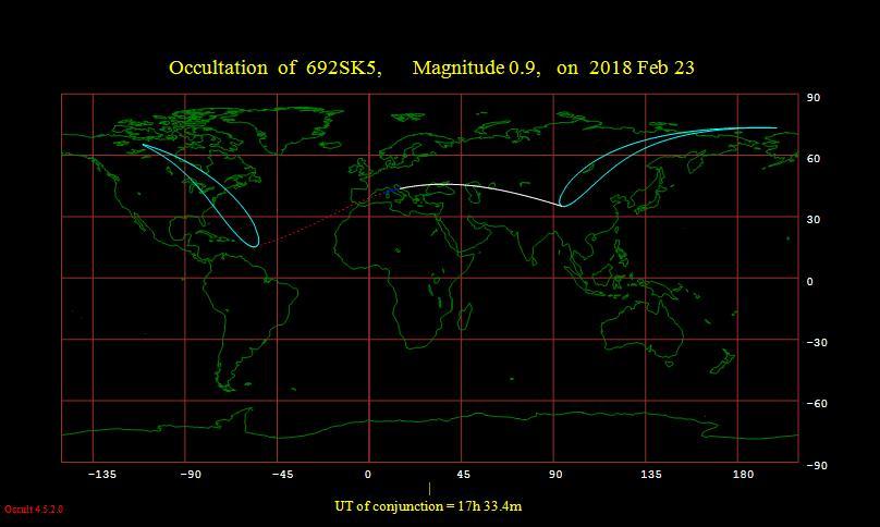 Kuva 3. Aldebaranin peittymisalueet maailmanlaajuisesti 23.2.2018. Aldebaran 23.3.2018 Aldebaran peittyy 23.3. kasvavan Kuun sirpin pimeän reunan taakse runsaan tunnin kuluttua vuorokauden alkamista.