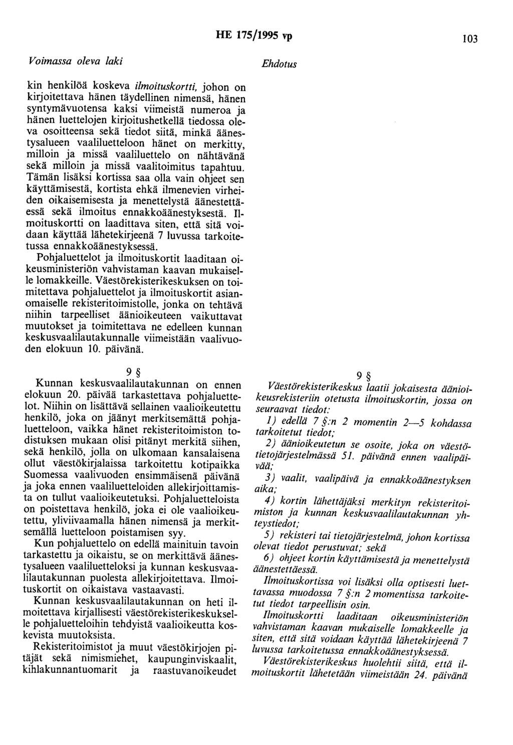 HE 175/1995 vp 103 kin henkilöä koskeva ilmoituskortti, johon on kirjoitettava hänen täydellinen nimensä, hänen syntymävuotensa kaksi viimeistä numeroa ja hänen luettelojen kirjoitushetkenä tiedossa