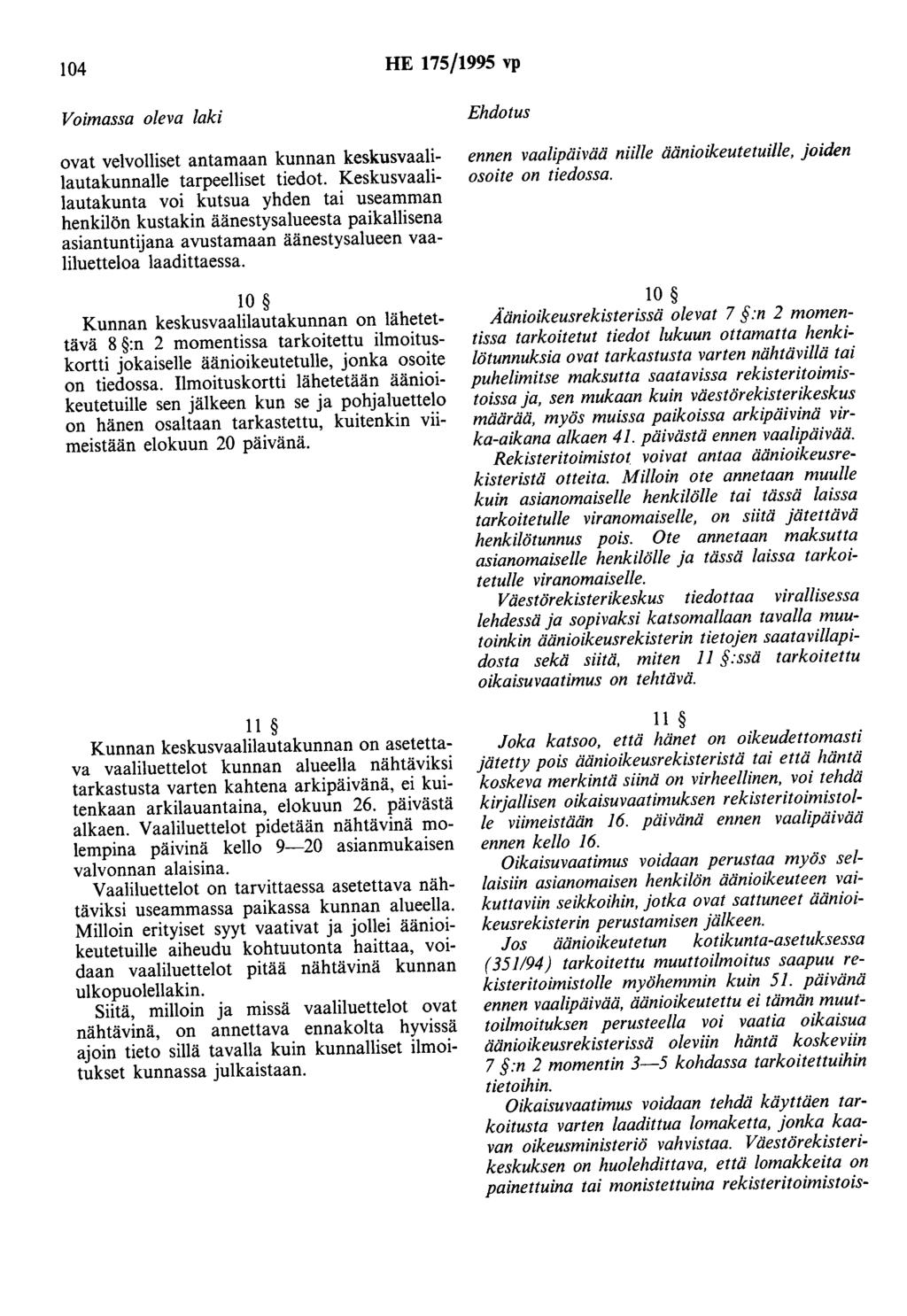 104 HE 175/1995 vp ovat velvolliset antamaan kunnan keskusvaalilautakunnalle tarpeelliset tiedot.