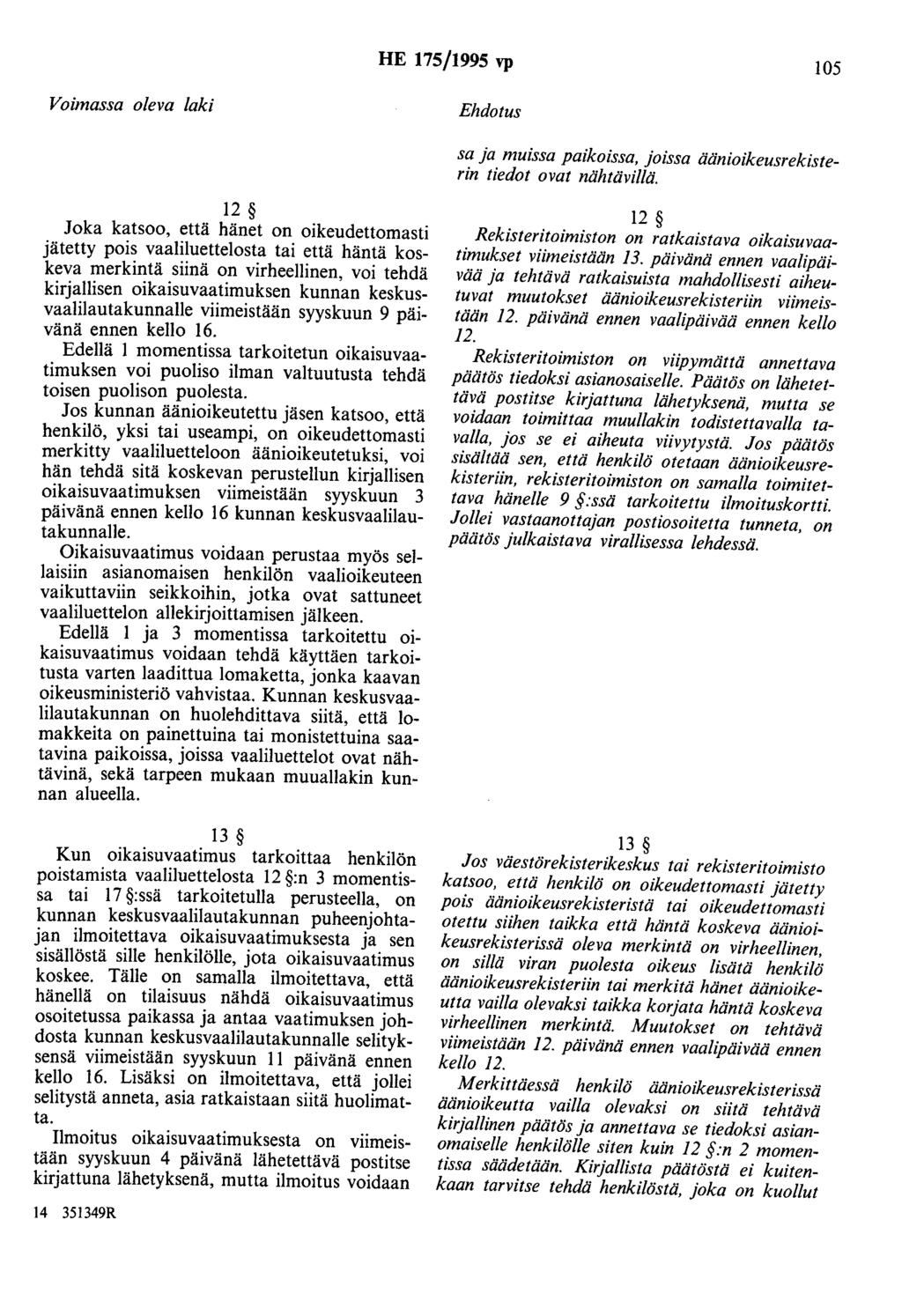 HE 175/1995 vp 105 12 Joka katsoo, että hänet on oikeudettomasti jätetty pois vaaliluettelosta tai että häntä koskeva merkintä siinä on virheellinen, voi tehdä kirjallisen oikaisuvaatimuksen kunnan