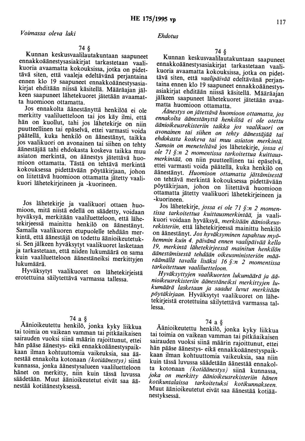 HE 175/1995 vp 117 74 Kunnan keskusvaalilautakuntaan saapuneet ennakkoäänestysasiakirjat tarkastetaan vaalikuoria avaamatta kokouksissa, jotka on pidettävä siten, että vaaleja edeltävänä perjantaina
