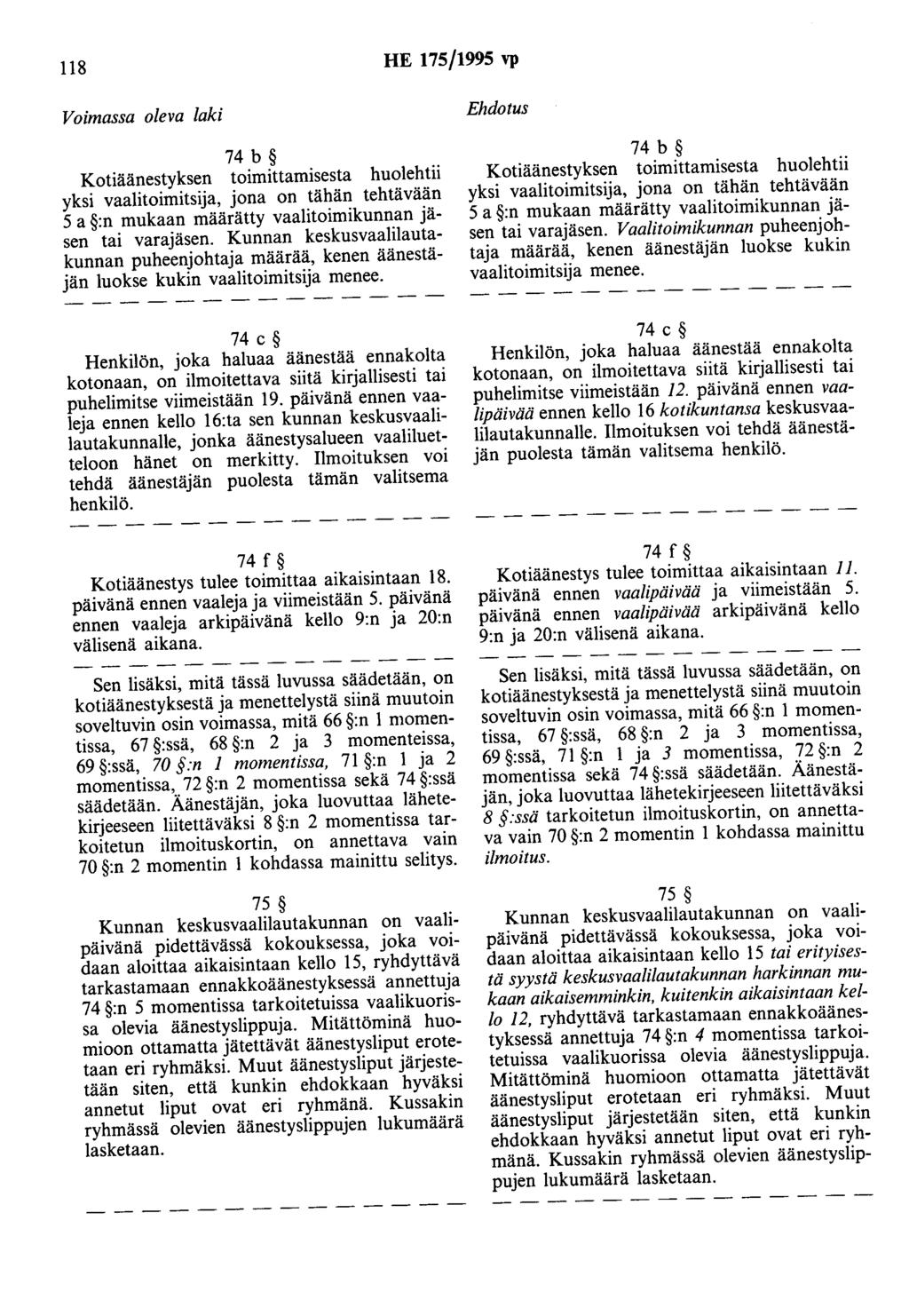 118 HE 175/1995 vp 74 b Kotiäänestyksen toimittamisesta huolehtii yksi vaalitoimitsija, jona on tähän tehtävään 5 a :n mukaan määrätty vaalitoimikunnan jäsen tai varajäsen.