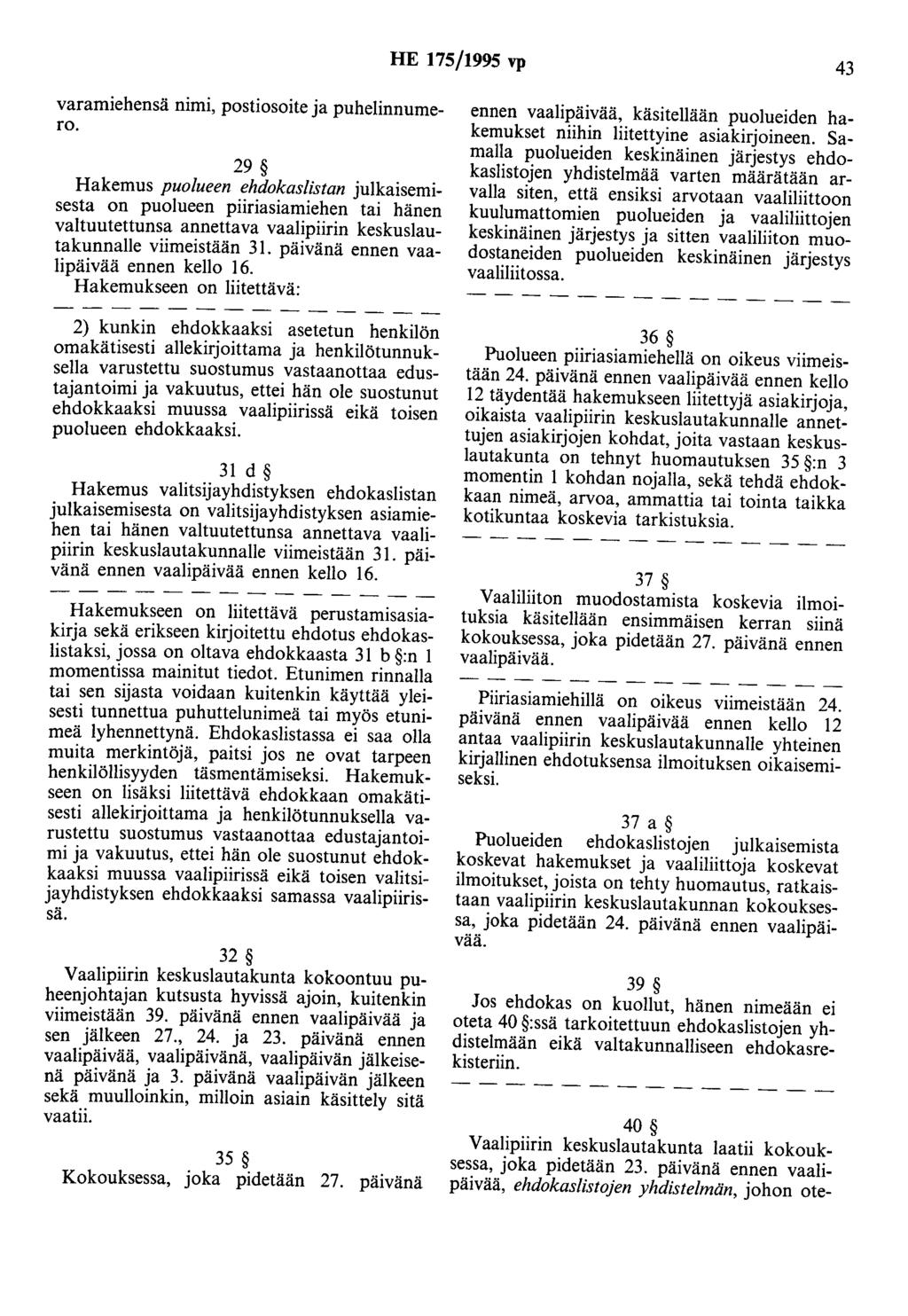 HE 175/1995 vp 43 varamiehensä nimi, postiosoite ja puhelinnumero.