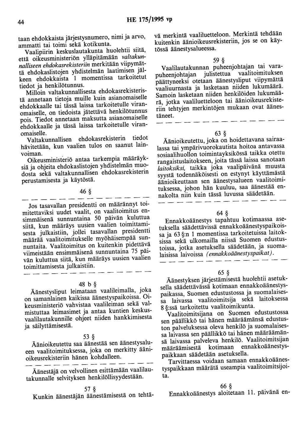 44 HE 175/1995 vp taan ehdokkaista järjestysnumero, nimi ja arvo, ammatti tai toimi sekä kotikunta.