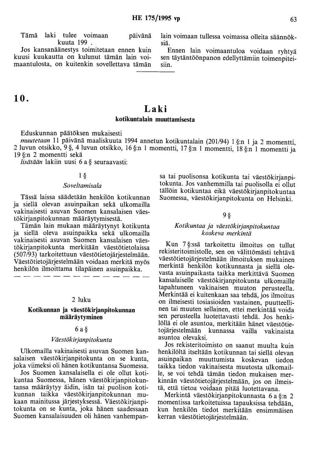 HE 175/1995 vp 63 Tämä laki tulee voimaan päivänä kuuta 199.