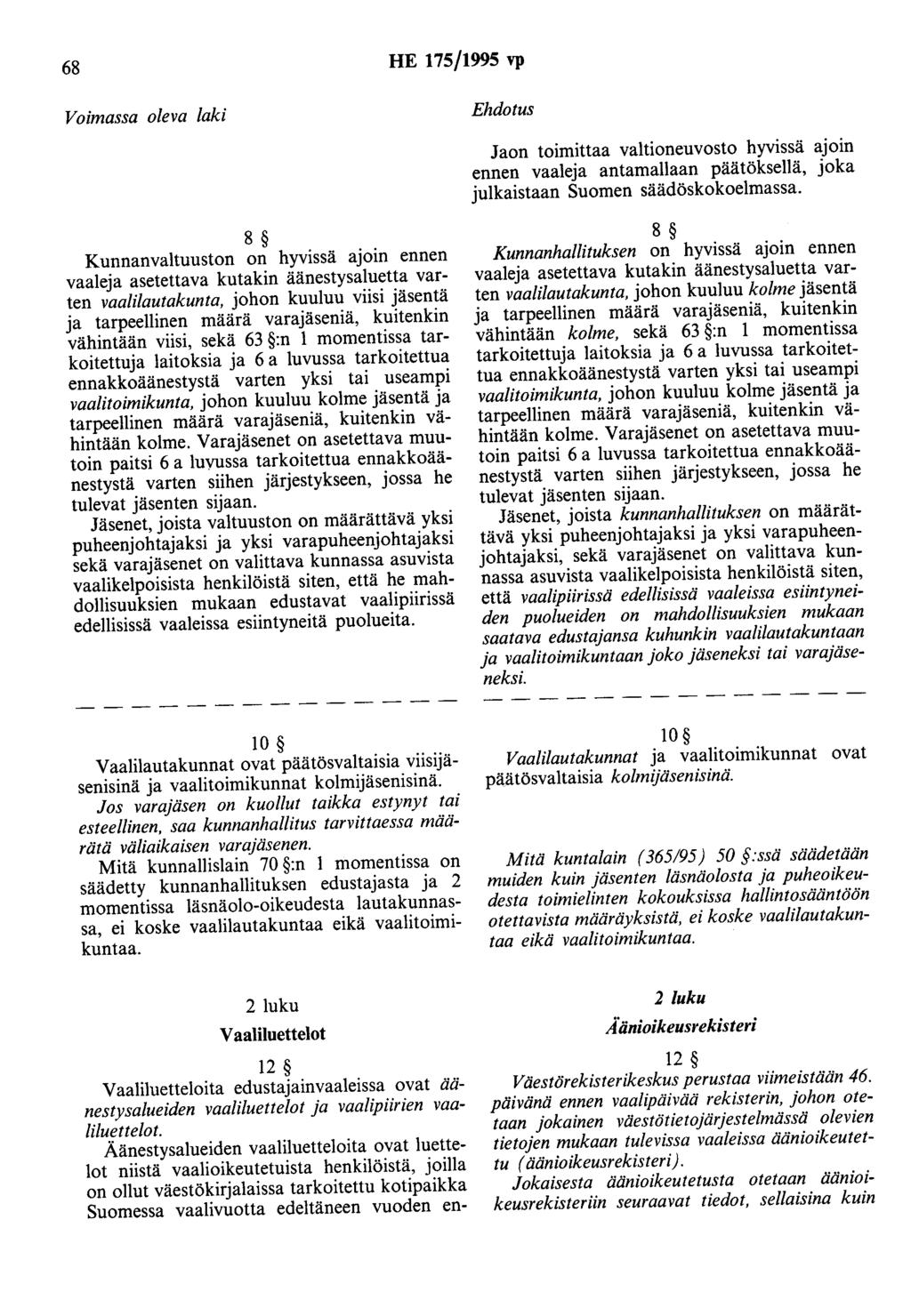 68 HE 175/1995 vp Jaon toimittaa valtioneuvosto hyvissä ajom ennen vaaleja antamanaan päätöksellä, joka julkaistaan Suomen säädöskokoelmassa.