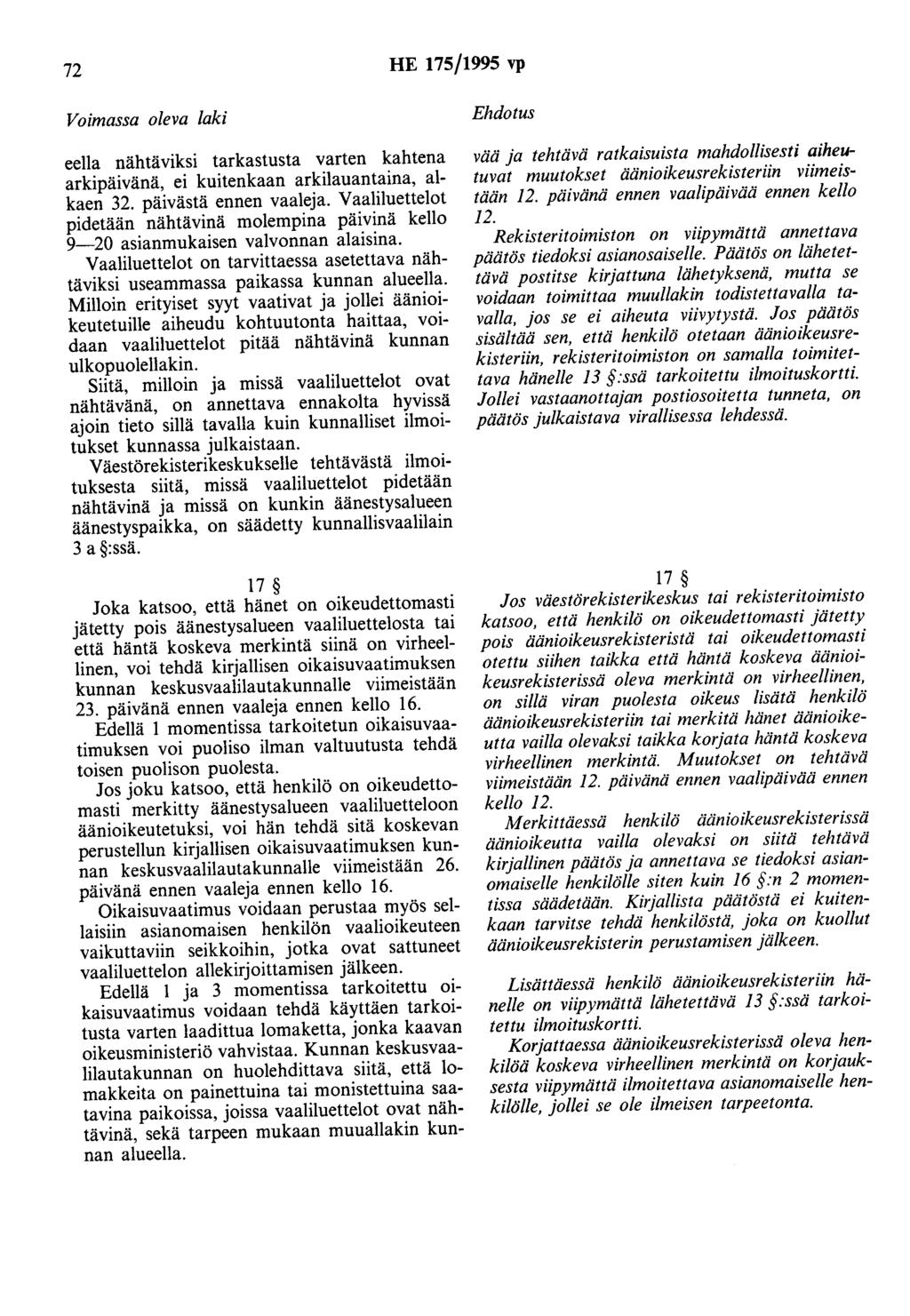 72 HE 175/1995 vp eella nähtäviksi tarkastusta varten kahtena arkipäivänä, ei kuitenkaan arkilauantaina, alkaen 32. päivästä ennen vaaleja.