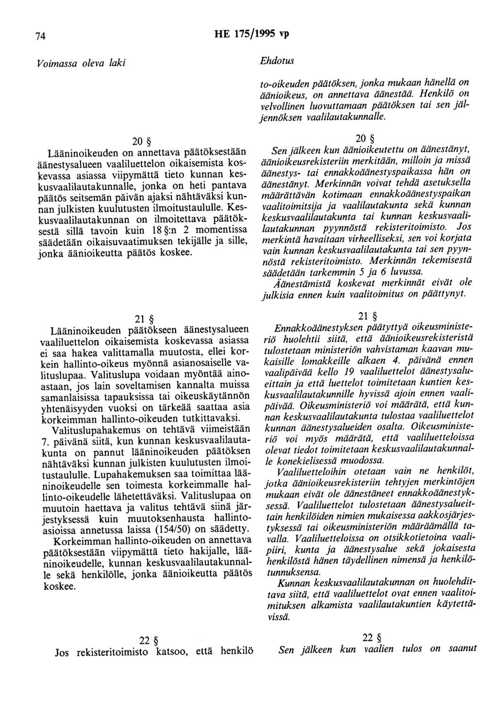 74 HE 175/1995 vp to-oikeuden päätöksen, jonka mukaan hänellä on äänioikeus, on annettava äänestää. Henkilö on velvollinen luovuttamaan päätöksen tai sen jäljennöksen vaalilautakunnalle.