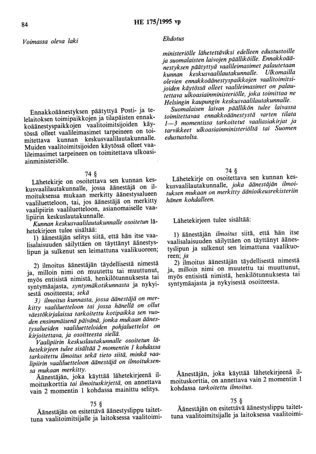 84 HE 175/1995 vp Ennakkoäänestyksen päätyttyä Posti- ja telelaitoksen toimipaikkojen ja tilapäisten ennakkoäänestyspaikkojen vaalitoimitsijoiden käytössä olleet vaalileimasimet tarpeineen on
