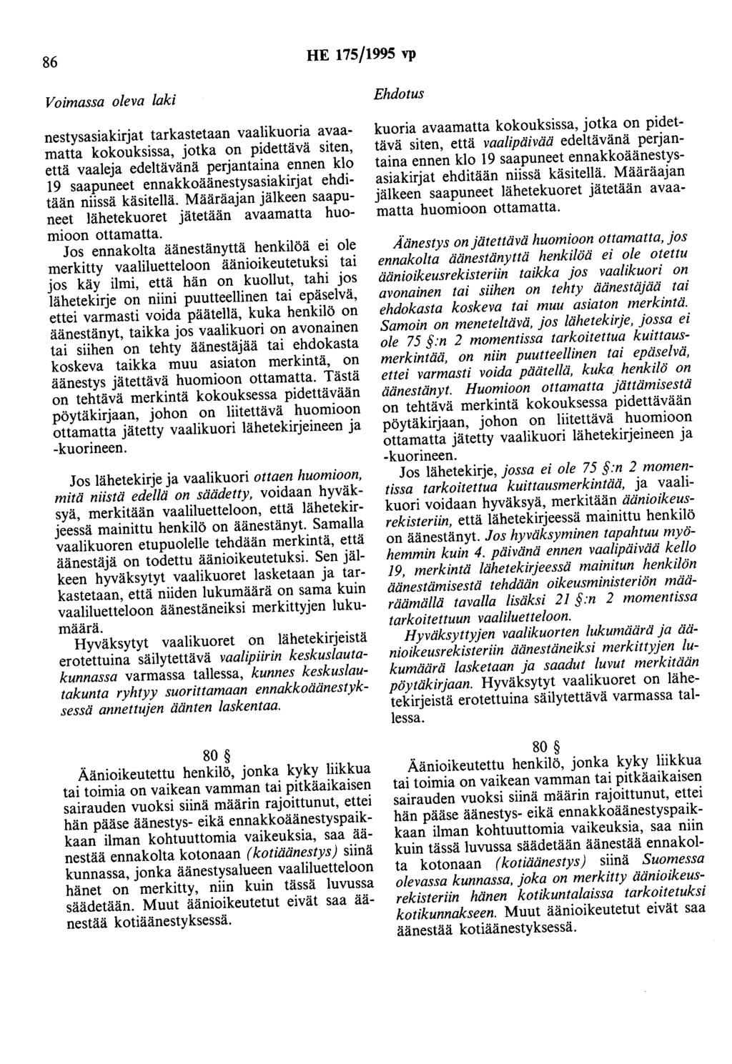 86 HE 175/1995 vp nestysasiakirjat tarkastetaan vaalikuoria avaamatta kokouksissa, jotka on pidettävä siten, että vaaleja edeltävänä perjantaina ennen klo 19 saapuneet ennakkoäänestysasiakirjat