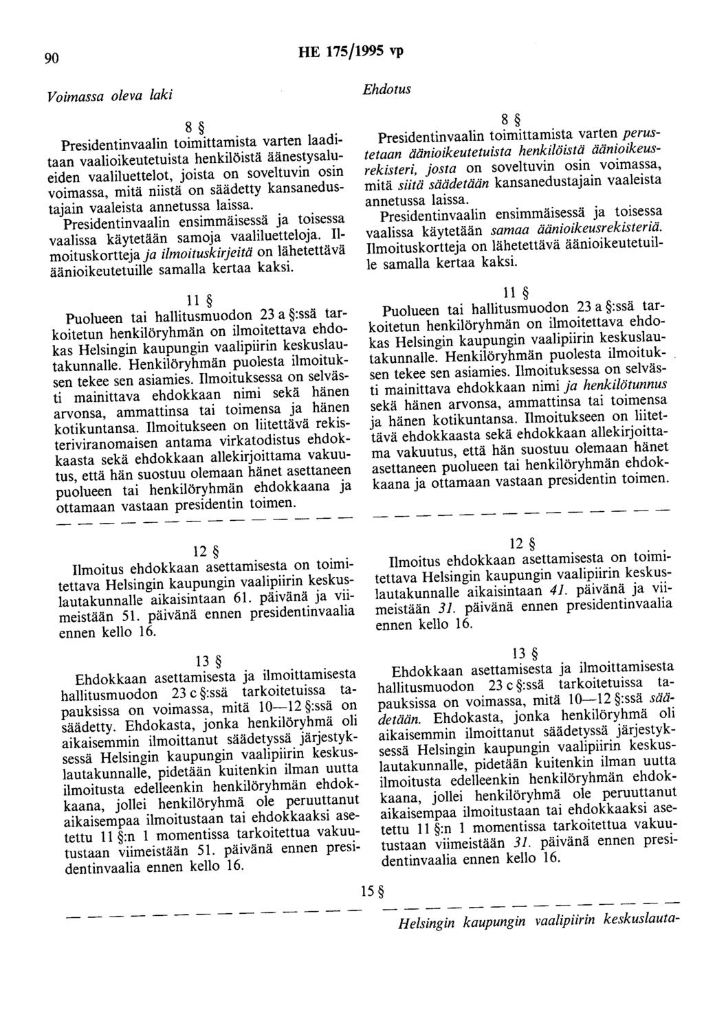 90 HE 175/1995 vp 8 Presidentinvaalin toimittamista varten laaditaan vaalioikeutetuista henkilöistä äänestysalueiden vaaliluettelot, joista on soveltuvin osin voimassa, mitä niistä on säädetty